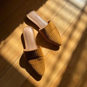 Pointed Toe Studded Flat Slip-On Mule, Ochre Suede